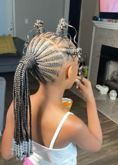 Kids star-pattern cornrows with beaded ponytail